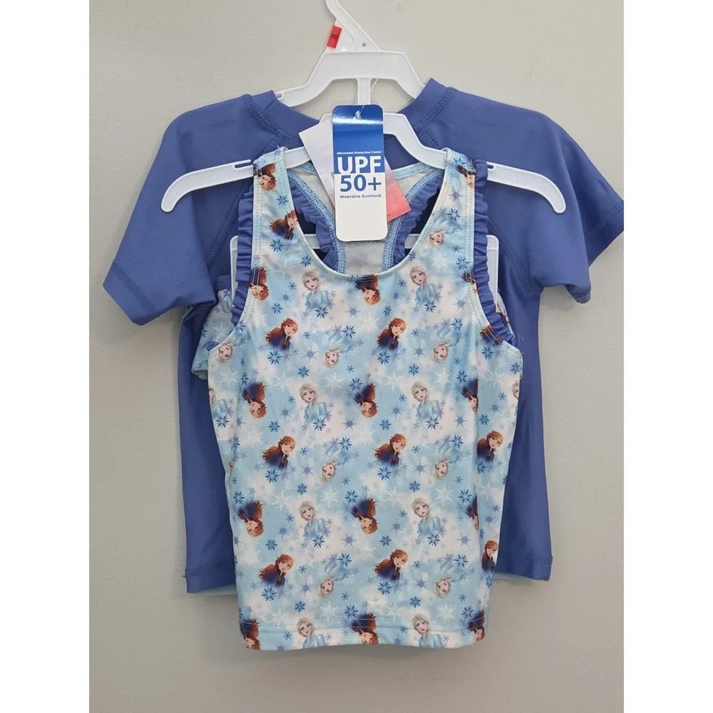 Frozen Swimsuit 3 Piece Set Girl's XS 4 5 Rash Guard Tankini Elsa Anna Disney